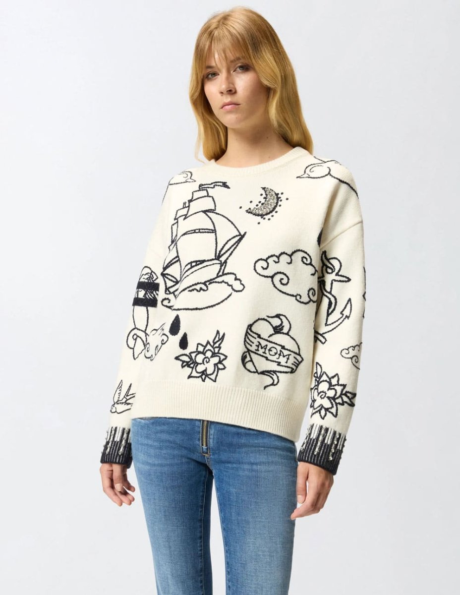 Jersey Pinko con Motivos Bordados y Pedreria Multicolor Mujer - Imagen 4