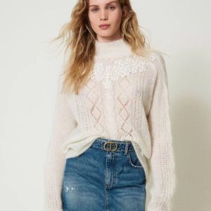 Jersey TWINSET de Lana y Mohair con Encaje Blanco Mujer