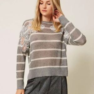 Jersey TWINSET de Mohair con Encaje Gris Mujer