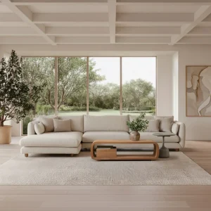 Bloom sofá de 3 plazas con patas de teca y chaise longue a la derecha