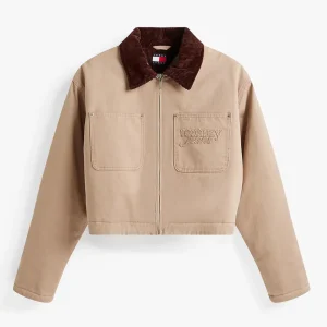 Chaqueta Tommy Jeans Cropped Acolchada con Logo Marrón Mujer