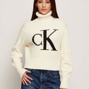 Jersey Calvin Klein Jeans de Cuello Alto con Logo Beige Mujer