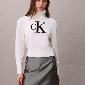 Jersey Calvin Klein Jeans de Cuello Vuelto de Chenilla Blanco Mujer