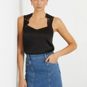 Top GUESS con Aplicación de Encaje Negro Mujer