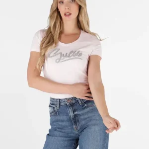 Camiseta GUESS con Logo con Cristal Rosa Mujer